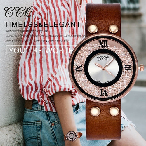 CCQ Brand Women Rhinestone Quartz Wrist Watch Cow Leather Bracelet Watch Casual Fashion Clock Best Gift Relogio Feminino Hot