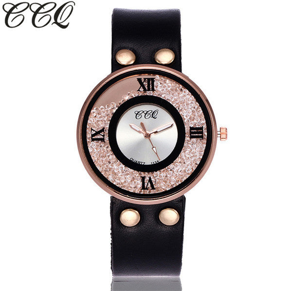 CCQ Brand Women Rhinestone Quartz Wrist Watch Cow Leather Bracelet Watch Casual Fashion Clock Best Gift Relogio Feminino Hot