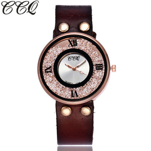 CCQ Brand Women Rhinestone Quartz Wrist Watch Cow Leather Bracelet Watch Casual Fashion Clock Best Gift Relogio Feminino Hot