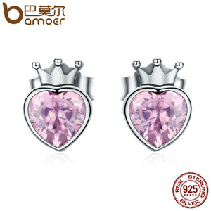 BAMOER Authentic 925 Sterling Silver Sweet Pink Heart of Crown Stud Earrings for Women Luxury Silver Jewelry Bijoux Gift SCE174