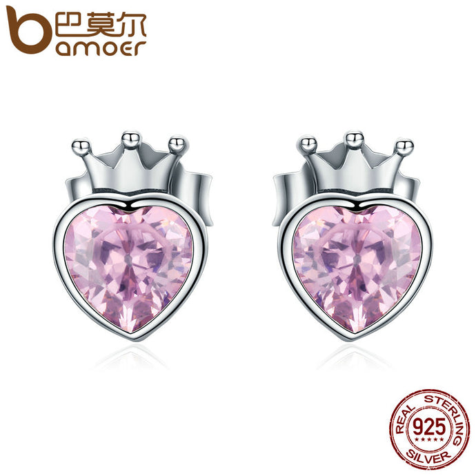 BAMOER Authentic 925 Sterling Silver Sweet Pink Heart of Crown Stud Earrings for Women Luxury Silver Jewelry Bijoux Gift SCE174