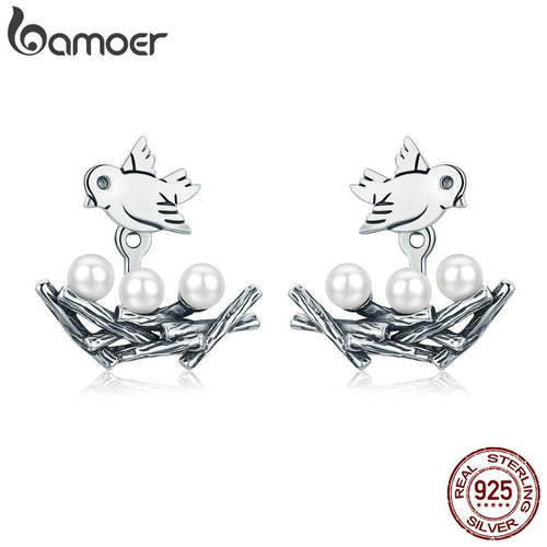 BAMOER 100% 925 Sterling Silver Spring Collection Bird Swallow with Nest Stud Earrings for Women Fine Jewelry S925 Gift SCE337