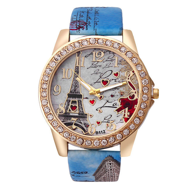 Quartz Watch Women Fashion Tower Pattern Diamond Dial Watches Men Faux Leather Watch Women's Dress Clock Montre Reloj