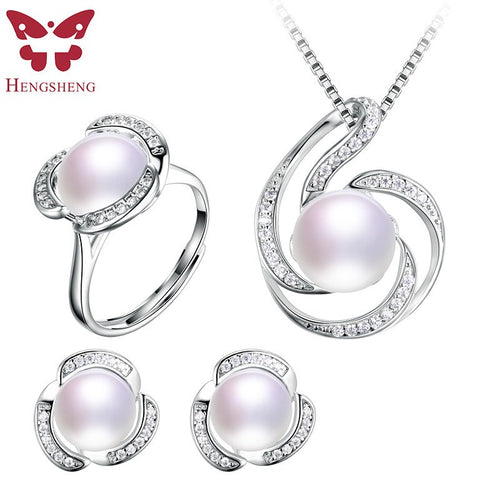 HENGSHENG Genuine Natural Pearl Women Jwelery Set,Necklaces&Pendants&Earrings&Ring Set,Big Bread Round Pearl with Zircon Flower
