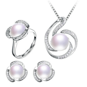 HENGSHENG Genuine Natural Pearl Women Jwelery Set,Necklaces&Pendants&Earrings&Ring Set,Big Bread Round Pearl with Zircon Flower