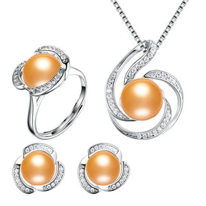 HENGSHENG Genuine Natural Pearl Women Jwelery Set,Necklaces&Pendants&Earrings&Ring Set,Big Bread Round Pearl with Zircon Flower