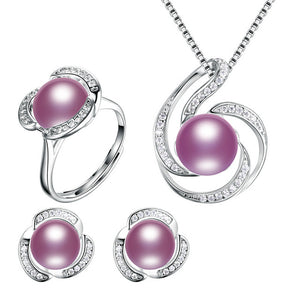 HENGSHENG Genuine Natural Pearl Women Jwelery Set,Necklaces&Pendants&Earrings&Ring Set,Big Bread Round Pearl with Zircon Flower