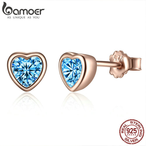 BAMOER Genuine 100% 925 Sterling Silver Romantic Heart Blue CZ Stud Earrings for Women Sterling Silver Jewelry Gift PAS452-G