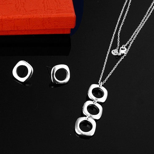 New Fashion 925 stamped silver plated Classic Jewelry Sets Square Pendant Necklace Stud Earrings For Party Women Wedding Jwelery